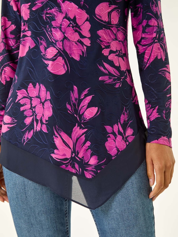 Roman Pink Floral Jacquard Chiffon Hem Tunic Top - Image 5 of 5