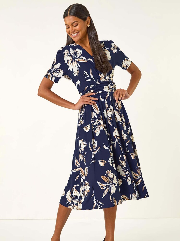 Roman Blue Floral Wrap Midi Dress - Image 1 of 5 Roman Blue Floral Wrap Midi Dress - Image 1 of 5
