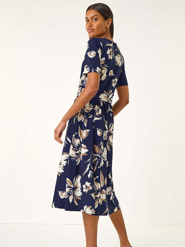 Roman Blue Floral Wrap Midi Dress - Image 2 of 5 Roman Blue Floral Wrap Midi Dress - Image 2 of 5
