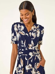 Roman Blue Floral Wrap Midi Dress - Image 4 of 5