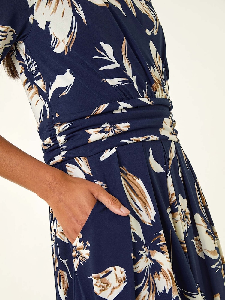 Roman Blue Floral Wrap Midi Dress - Image 5 of 5 Roman Blue Floral Wrap Midi Dress - Image 5 of 5