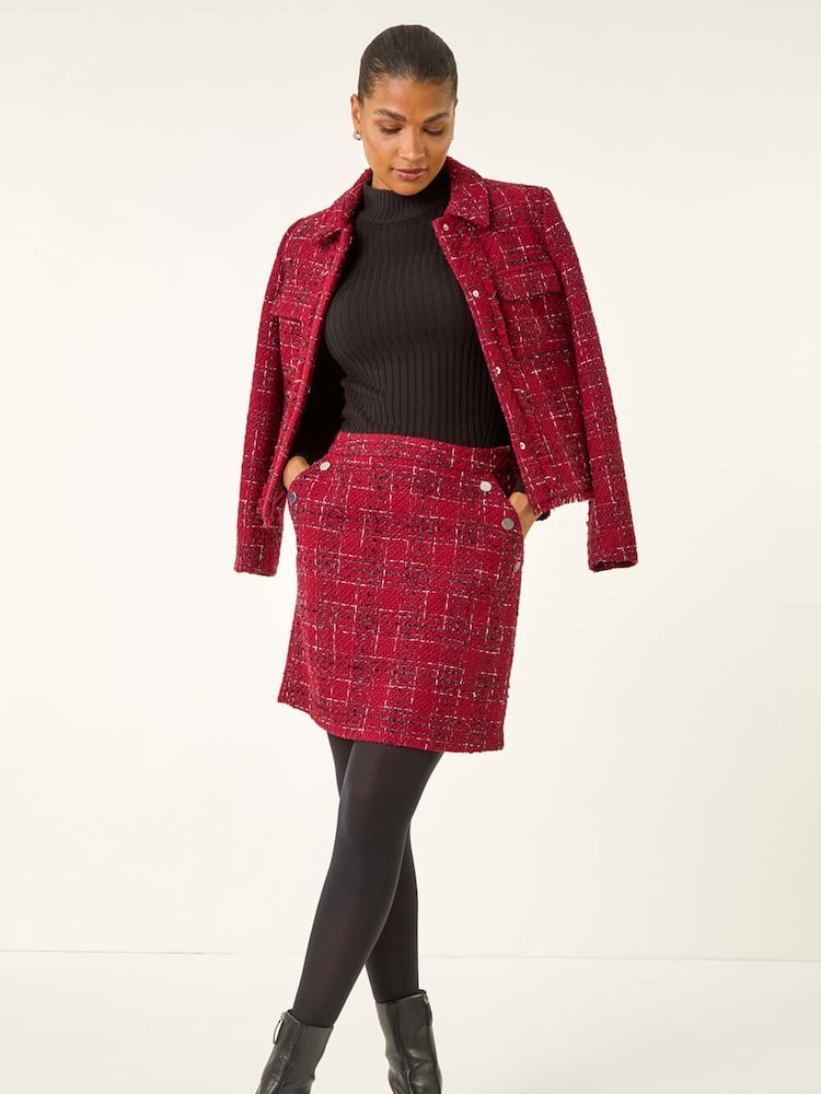 Roman Red Checkered Boucle A-Line Skirt - Image 1 of 5 Roman Red Checkered Boucle A-Line Skirt - Image 1 of 5