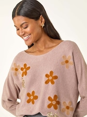 Roman Brown Floral Sequin Embroidery Knit Jumper - Image 1 of 5