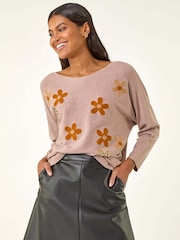 Roman Brown Floral Sequin Embroidery Knit Jumper - Image 4 of 5