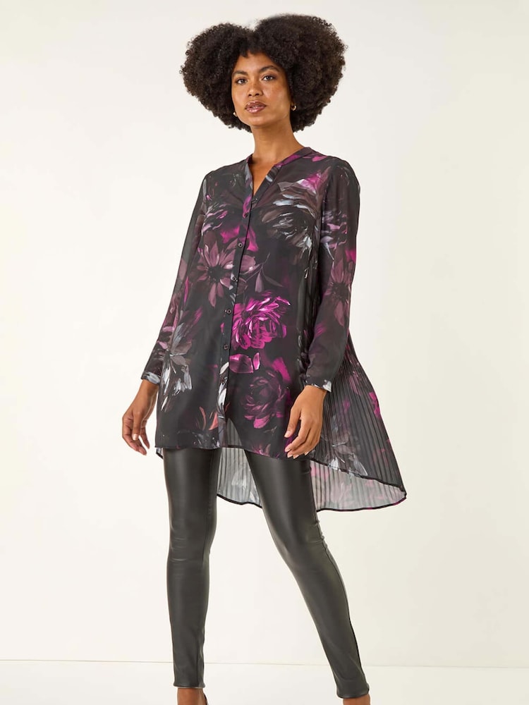 Roman Black Floral Print Pleated Back Blouse - Image 1 of 5 Roman Black Floral Print Pleated Back Blouse - Image 1 of 5