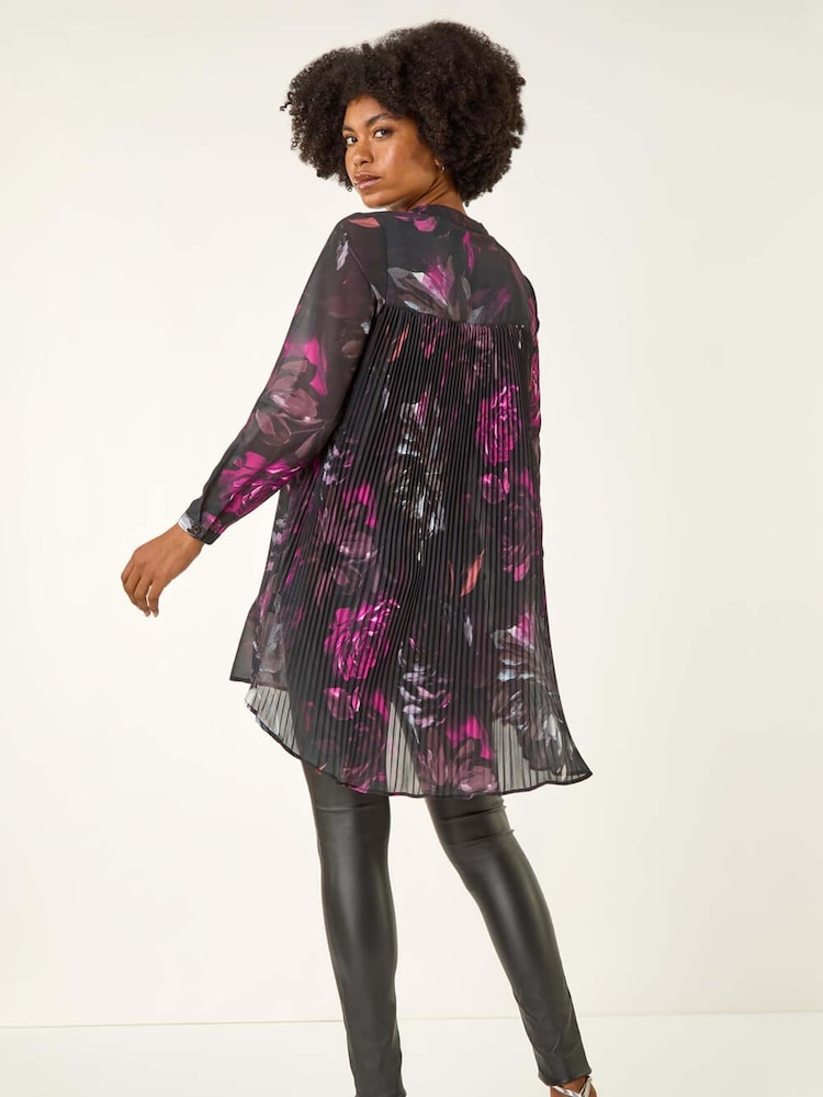 Roman Black Floral Print Pleated Back Blouse - Image 2 of 5 Roman Black Floral Print Pleated Back Blouse - Image 2 of 5