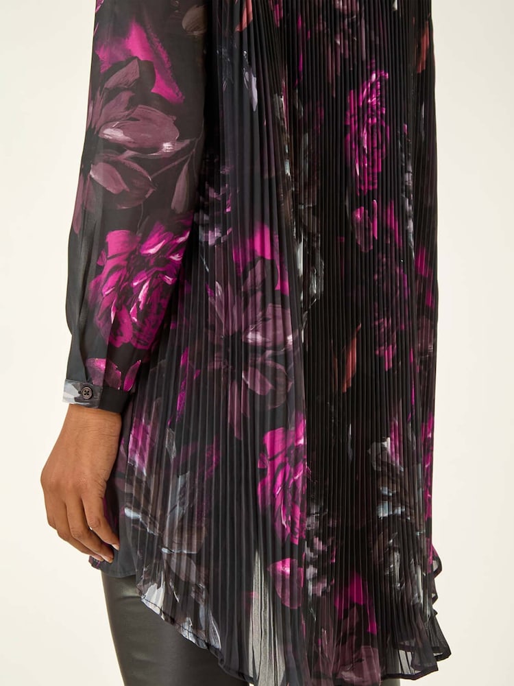 Roman Black Floral Print Pleated Back Blouse - Image 5 of 5 Roman Black Floral Print Pleated Back Blouse - Image 5 of 5