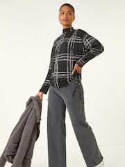 Roman Black Plaid Print Side Tie Blouse - Image 1 of 5