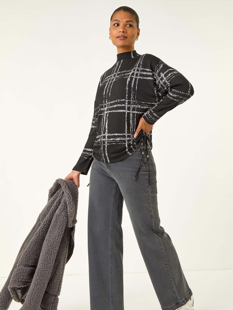 Roman Black Plaid Print Side Tie Blouse - Image 1 of 5 Roman Black Plaid Print Side Tie Blouse - Image 1 of 5