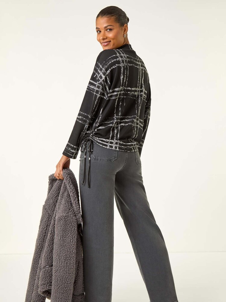 Roman Black Plaid Print Side Tie Blouse - Image 2 of 5 Roman Black Plaid Print Side Tie Blouse - Image 2 of 5