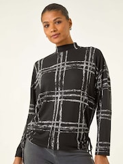 Roman Black Plaid Print Side Tie Blouse - Image 3 of 5