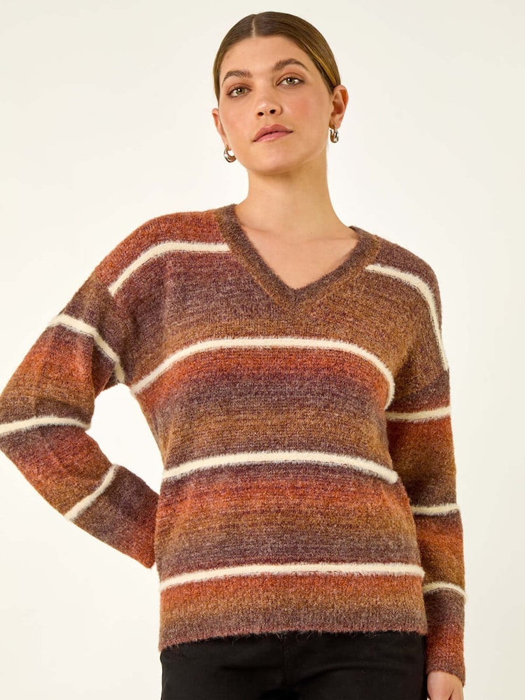 Roman Brown Stripe Fluffy Knit Jumper - Image 1 of 5 Roman Brown Stripe Fluffy Knit Jumper - Image 1 of 5