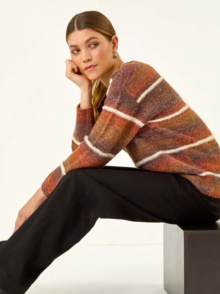 Roman Brown Stripe Fluffy Knit Jumper - Image 2 of 5 Roman Brown Stripe Fluffy Knit Jumper - Image 2 of 5