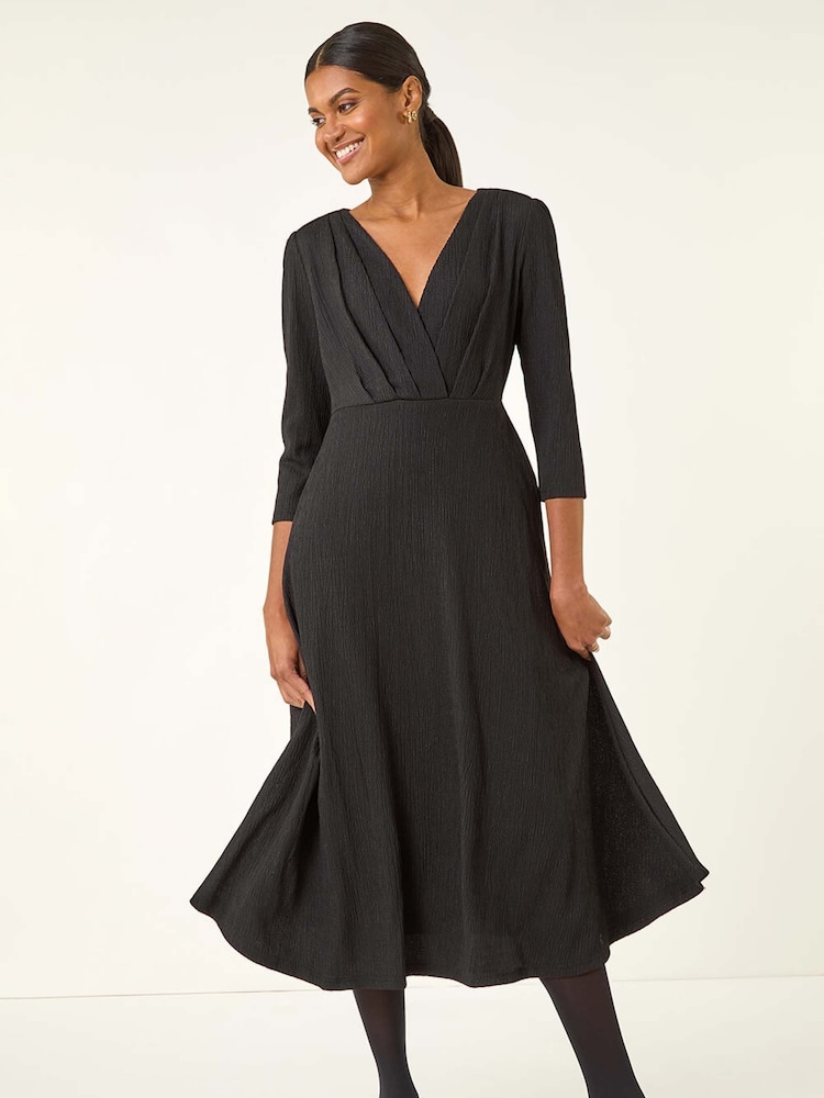 Roman Black Textured Wrap Midi Dress - Image 1 of 5 Roman Black Textured Wrap Midi Dress - Image 1 of 5