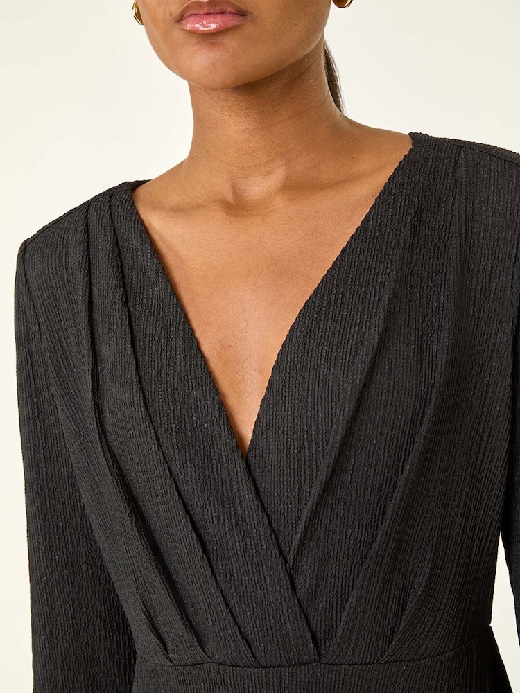 Roman Black Textured Wrap Midi Dress - Image 5 of 5 Roman Black Textured Wrap Midi Dress - Image 5 of 5