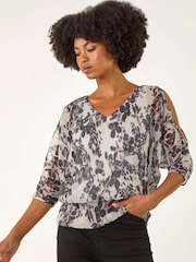 Roman Grey Metallic Plisse Banded Hem Blouse - Image 2 of 5