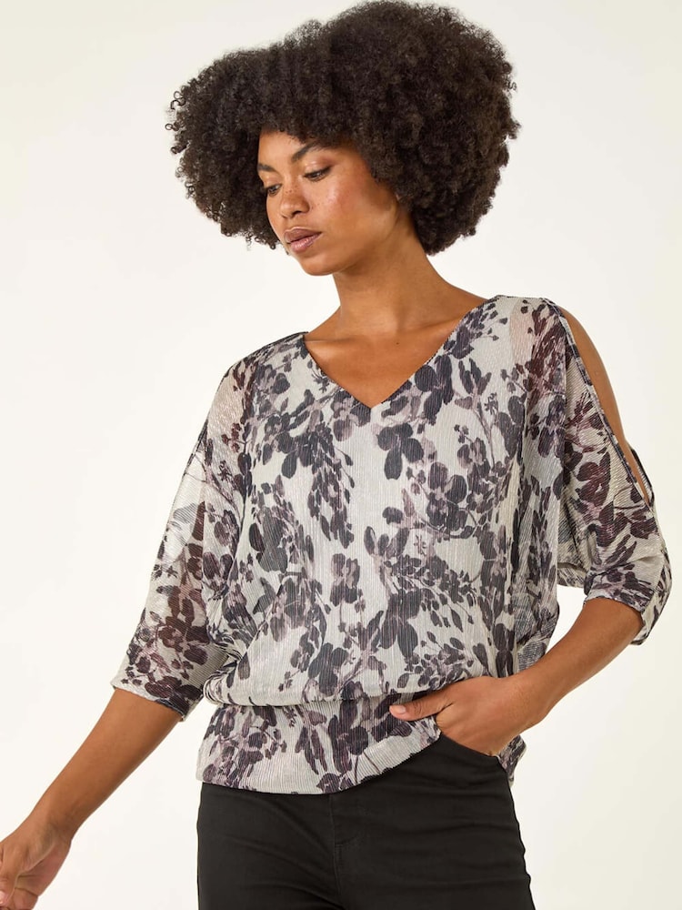 Roman Grey Metallic Plisse Banded Hem Blouse - Image 2 of 5 Roman Grey Metallic Plisse Banded Hem Blouse - Image 2 of 5