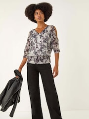 Roman Grey Metallic Plisse Banded Hem Blouse - Image 3 of 5