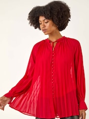 Roman Red V-Neck Pleated Blouse - Image 3 of 5
