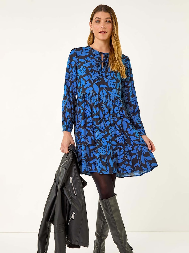Roman Blue Floral Tie Front Smock Dress - Image 1 of 5
