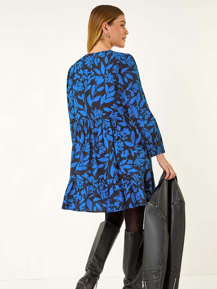 Roman Blue Floral Tie Front Smock Dress - Image 2 of 5