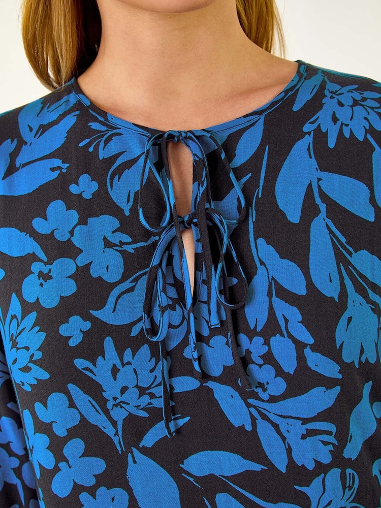 Roman Blue Floral Tie Front Smock Dress - Image 5 of 5 Roman Blue Floral Tie Front Smock Dress - Image 5 of 5