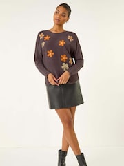 Roman Brown Floral Sequin Embroidery Knit Jumper - Image 1 of 5