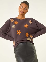 Roman Brown Floral Sequin Embroidery Knit Jumper - Image 2 of 5