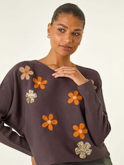 Roman Brown Floral Sequin Embroidery Knit Jumper - Image 4 of 5