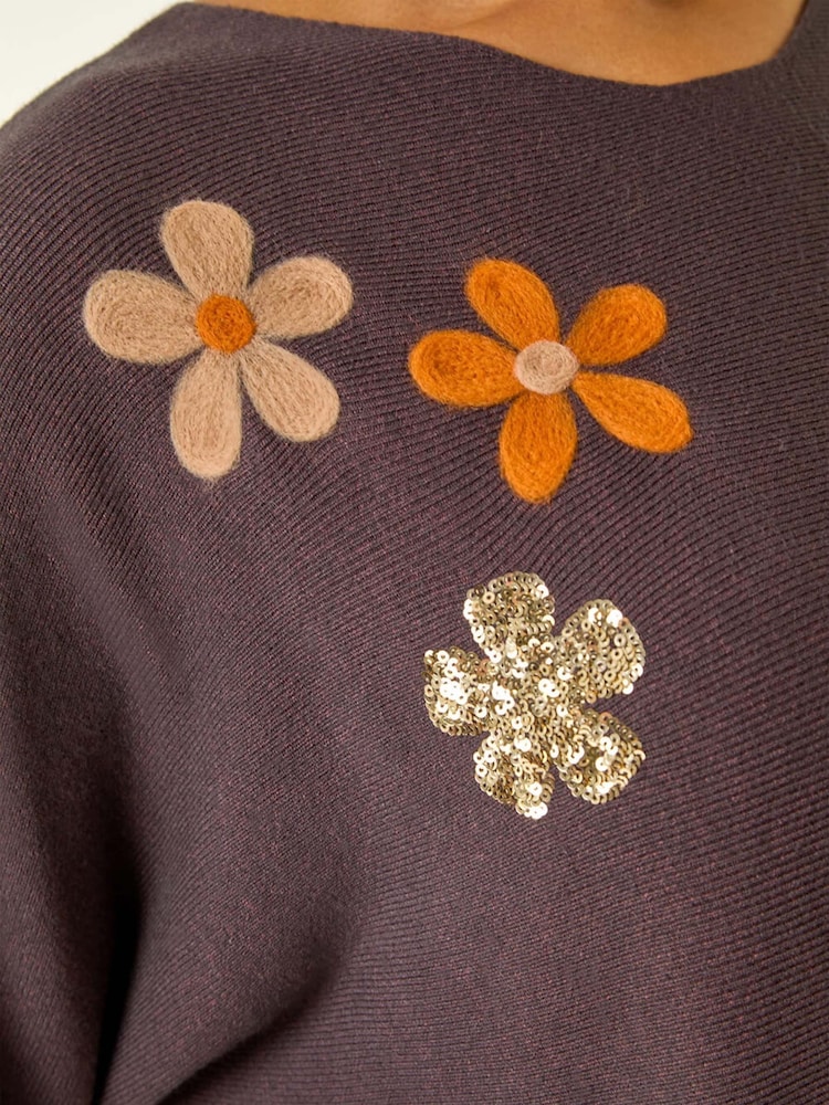 Roman Brown Floral Sequin Embroidery Knit Jumper - Image 5 of 5