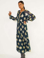 Roman Blue Frill Brocade Midi Dress - Image 1 of 5