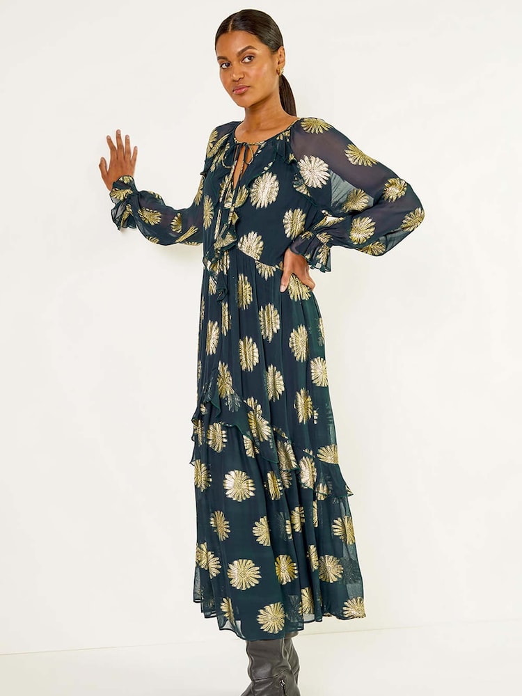 Roman Blue Frill Brocade Midi Dress - Image 1 of 5