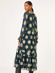 Roman Blue Frill Brocade Midi Dress - Image 2 of 5