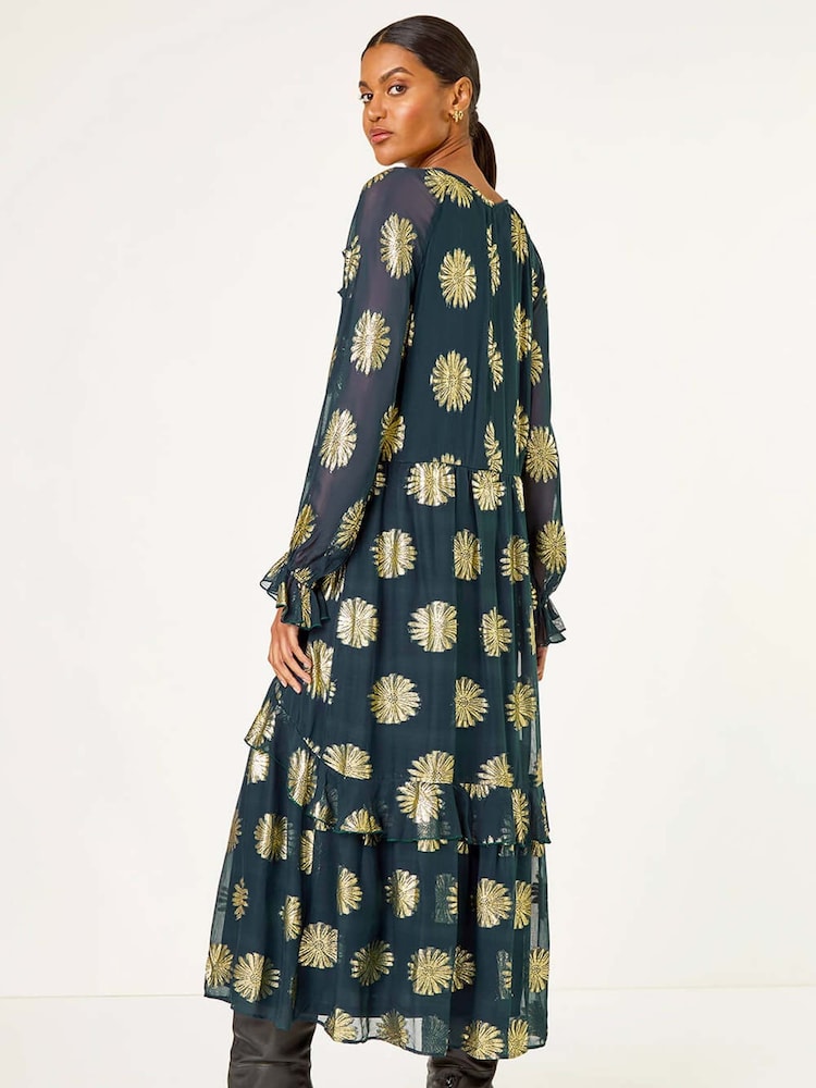 Roman Blue Frill Brocade Midi Dress - Image 2 of 5