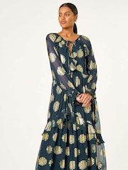 Roman Blue Frill Brocade Midi Dress - Image 3 of 5