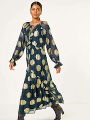 Roman Blue Frill Brocade Midi Dress - Image 4 of 5