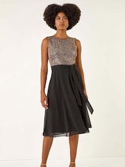 Roman Metallic Sequin Bodice Belted Chiffon Dress - Image 1 of 5