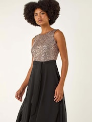 Roman Metallic Sequin Bodice Belted Chiffon Dress - Image 2 of 5