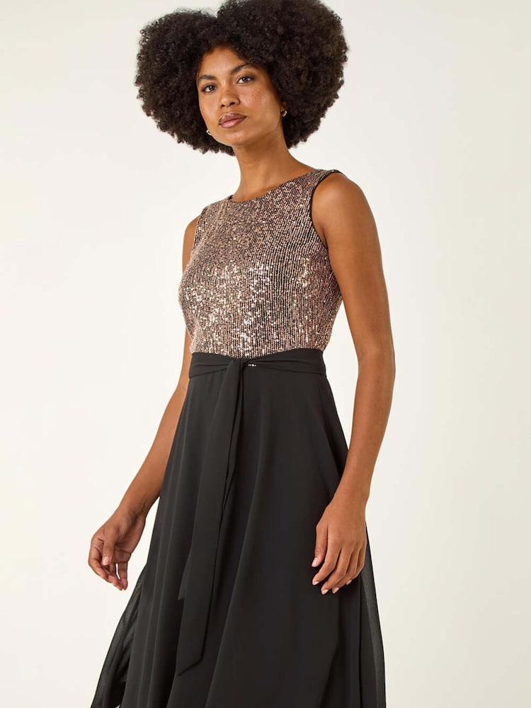Roman Metallic Sequin Bodice Belted Chiffon Dress - Image 2 of 5