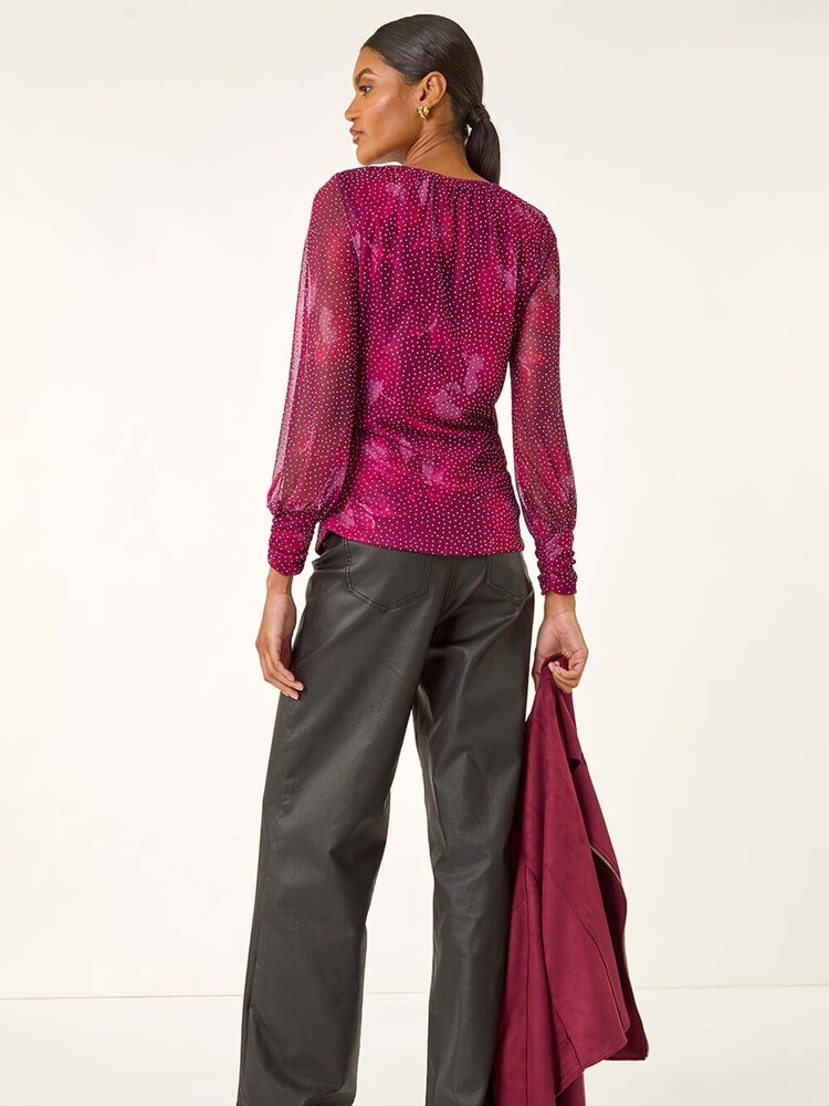 Roman Pink Printed Stud Mesh Stretch Tunic Top - Image 2 of 5 Roman Pink Printed Stud Mesh Stretch Tunic Top - Image 2 of 5