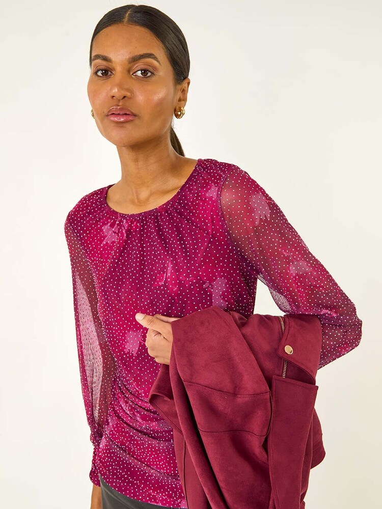 Roman Pink Printed Stud Mesh Stretch Tunic Top - Image 5 of 5 Roman Pink Printed Stud Mesh Stretch Tunic Top - Image 5 of 5