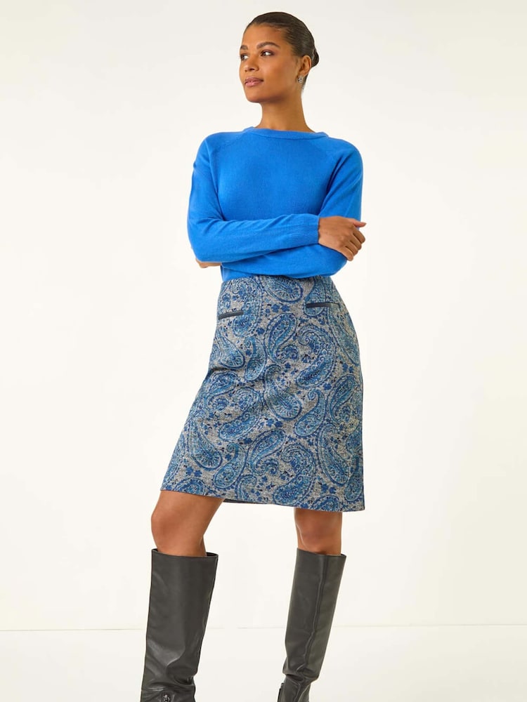 Roman Blue Paisley Jersey Stretch Skirt - Image 1 of 5 Roman Blue Paisley Jersey Stretch Skirt - Image 1 of 5
