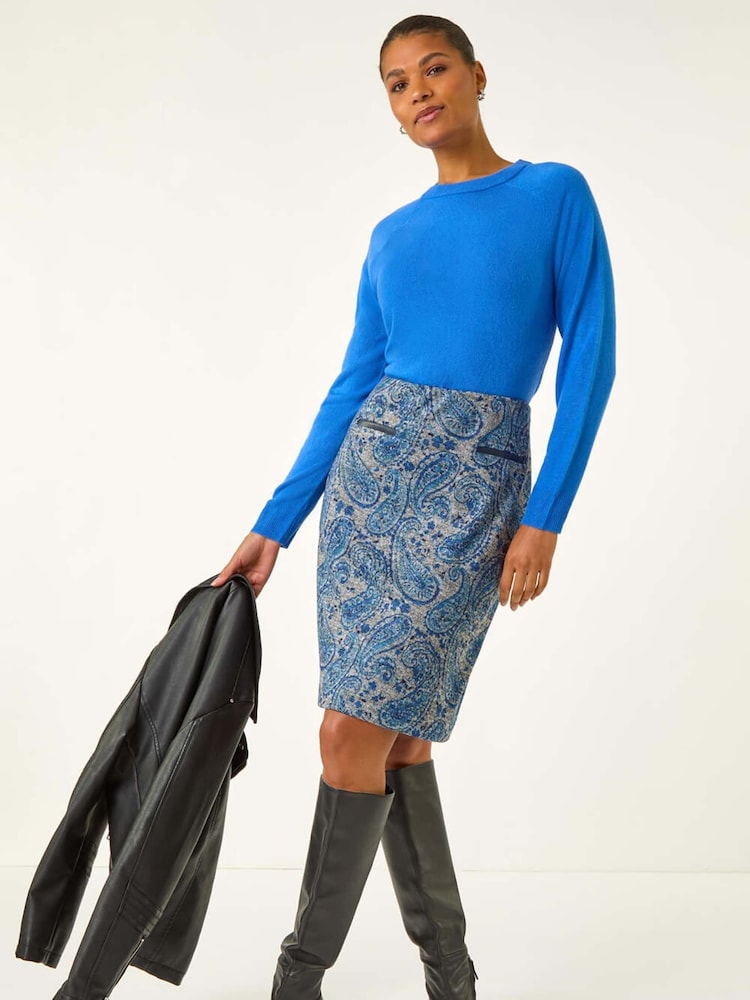 Roman Blue Paisley Jersey Stretch Skirt - Image 2 of 5 Roman Blue Paisley Jersey Stretch Skirt - Image 2 of 5