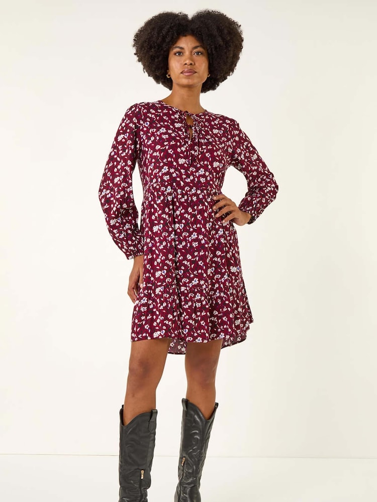 Roman Red Floral Tie Front Smock Dress - Image 1 of 5 Roman Red Floral Tie Front Smock Dress - Image 1 of 5