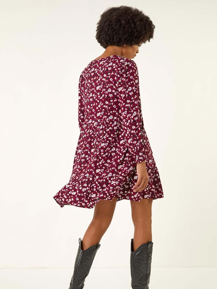 Roman Red Floral Tie Front Smock Dress - Image 2 of 5 Roman Red Floral Tie Front Smock Dress - Image 2 of 5
