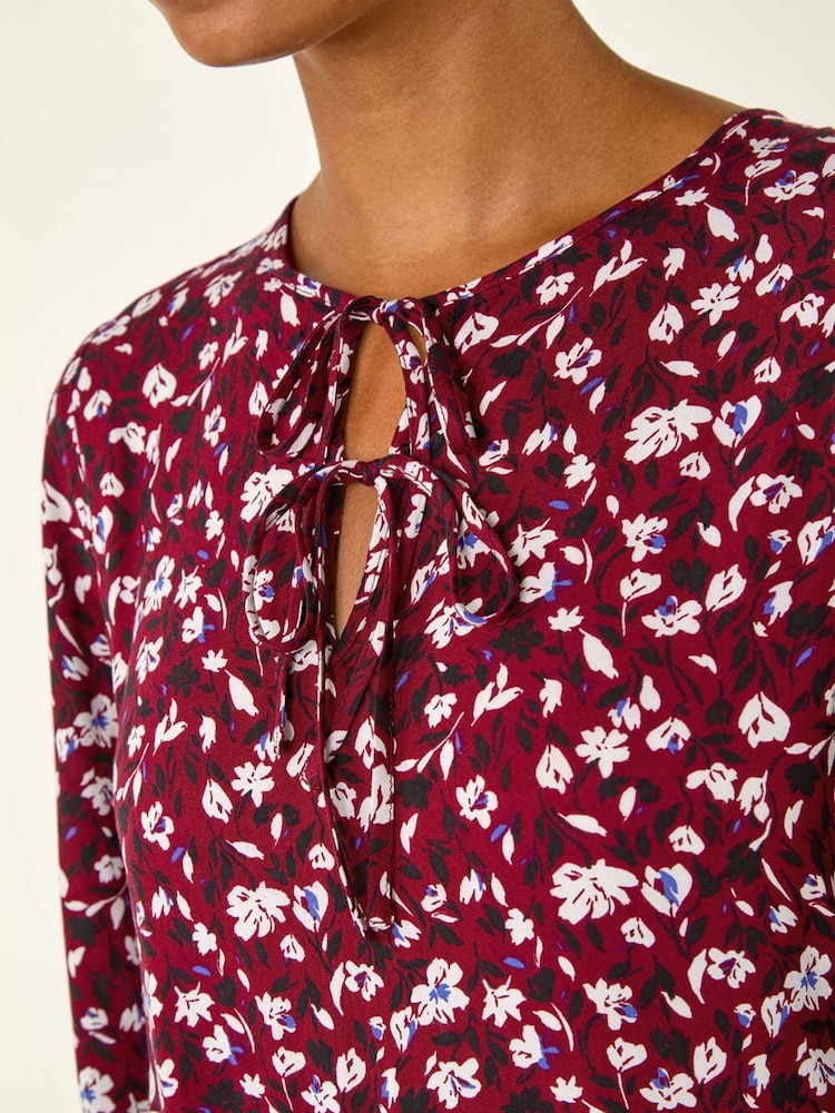 Roman Red Floral Tie Front Smock Dress - Image 5 of 5