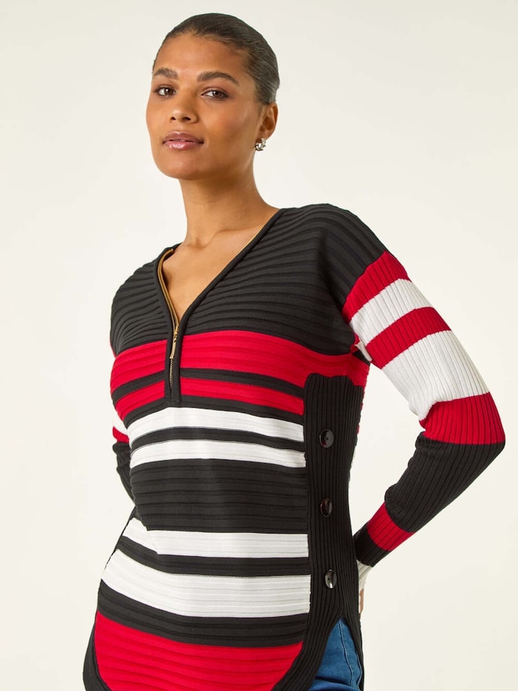 Roman Black Stripe Zip Front Ribbed Knit Jumper - Image 1 of 5 Roman Black Stripe Zip Front Ribbed Knit Jumper - Image 1 of 5