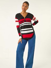 Roman Black Stripe Zip Front Ribbed Knit Jumper - Image 3 of 5