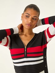 Roman Black Stripe Zip Front Ribbed Knit Jumper - Image 4 of 5