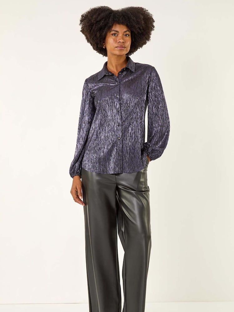 Roman Blue Foil Plisse Button Through Blouse - Image 1 of 5 Roman Blue Foil Plisse Button Through Blouse - Image 1 of 5